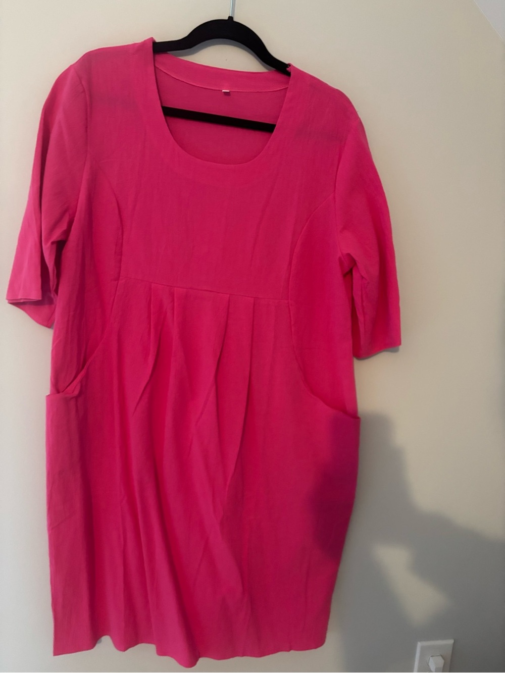 Bright Pink Scoop-Neck Midi Dress with Pockets